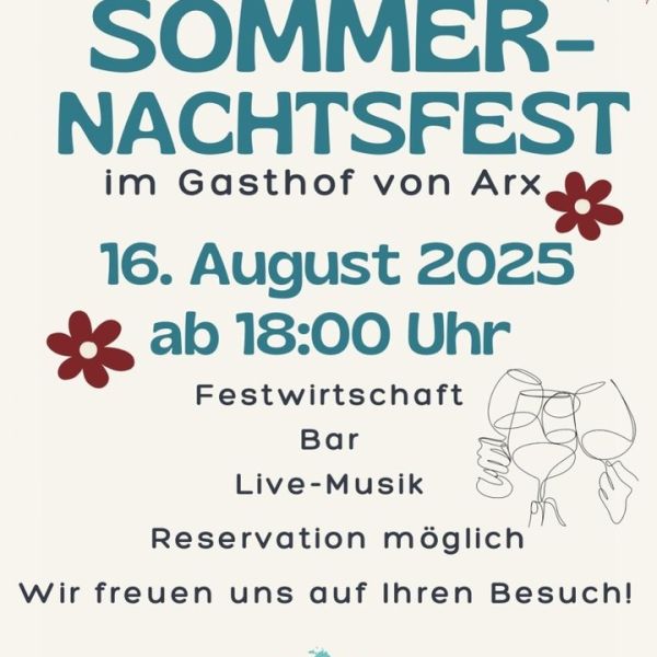 Der Sommer ruft und wir feiern! 🌞🎉 Sei dabei am Sommernachtsfest im Gasthof von Arx am 16. August 2025 ab 18:00 Uhr. Erlebe unterhaltsame Momente mit Live-Musik, köstlichen Drinks an der Bar und einer schönen Party! 🎶🍹 Bitte reservier deinen Platz und geniesse einen Abend voller Genuss und guter Laune. Wir freuen uns darauf, mit dir zu feiern! 🥳 

#sommernachtsfest #gasthofvonarx #liveMusik #spass #sommerabend #festStimmung #reservationEmpfohlen #partytime