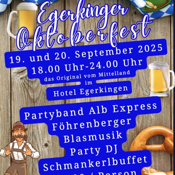 Freitag, 19. und Samstag, 20.09. 18.00 - 24.00 Uhr, Hotel Egerkingen
Oktoberfest – das Original vom Mittelland

Das Hotel Egerkingen lädt erneut zum traditionellen Oktoberfest am 19. und 20.09.25. Das Original, weil das erste überhaupt im Mittelland, wurde 2006 unter der Leitung von Georg Hein durchgeführt, früher noch im Gäupark. Claudia Hein organisiert neu neben den beiden Abendparties mit viel Liebe zum Detail am Samstag tagsüber eine Erweiterung des Oktoberfestes in bayrischer Tradition:
am Morgen von 10 bis 14 Uhr Frühschoppen, Weisswurst und Bretzn,
am Nachmittag von 15 bis 16 Uhr ein musikalischer Einzug mit Blasmusik, Alphörnern und Pferdekutschen. Jetzt Platz reservieren!

#Oktoberfest #Hotelegerkingen #Egerkingen #Original #Blasmusik #Föhrenberger #AlbExpress